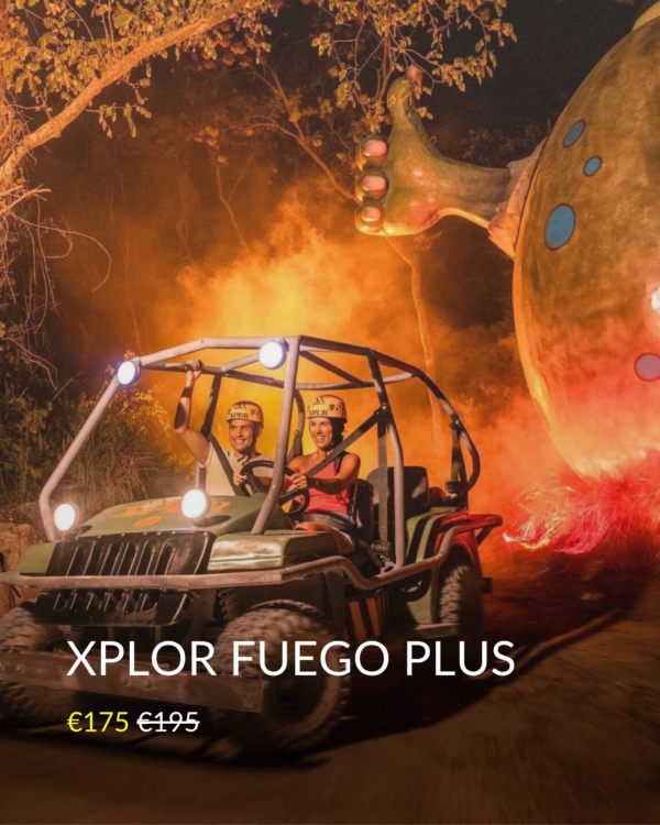 Xplor Fuego em Xplor com tirolesas noturnas, ATV, rios subterrâneos e aventura na selva maia à noite.