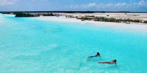 Casal nadando junto nas águas cristalinas da Lagoa de Bacalar, aproveitando um momento tranquilo em meio à natureza.